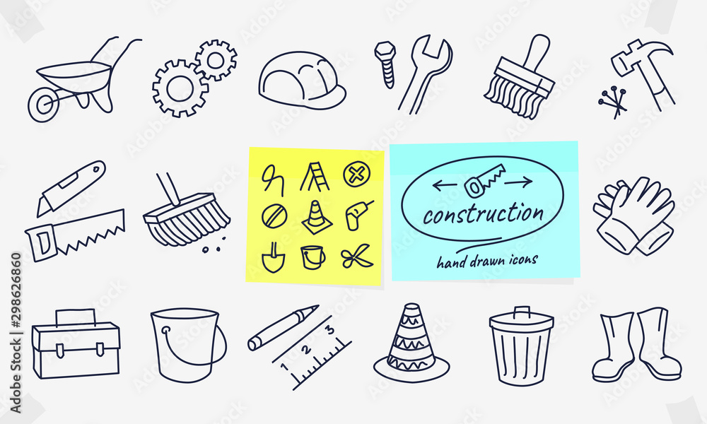 Vector thin line drawings set and graphic design elements. Illustration with construction, industrial, engineering. Home repair tools, worker, building pictogram. Editable stroke