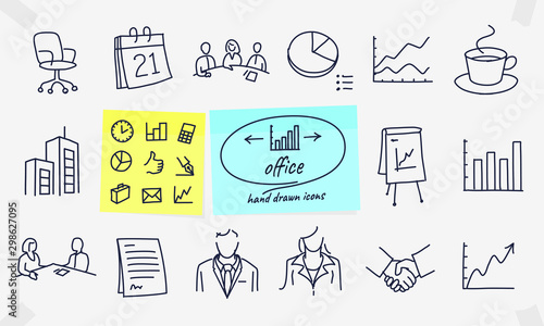 Set of office related vector drawings, doodles, line icons. Contains such Icons as Business Meeting, Workplace, Office Building, Reception Desk and more. Editable Stroke.