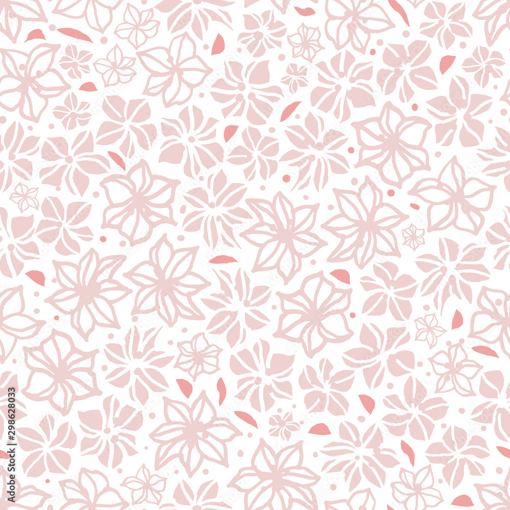 Vector light pink hand drawn flower repeat pattern. Suitable for gift wrap, textile and wallpaper. Suitable for stationary, hoem decor and scrapbooking. Surface pattern design.