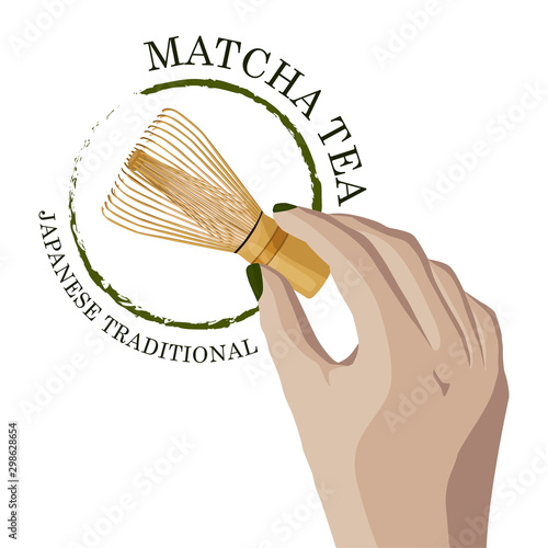 Matcha Tea Logo. The Japanese tradition of tea drinking. Hand with a whisk in a circle for making powdered green tea. Vector illustration for design and web.