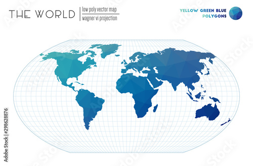 Polygonal map of the world. Wagner VI projection of the world. Yellow Green Blue colored polygons. Elegant vector illustration.