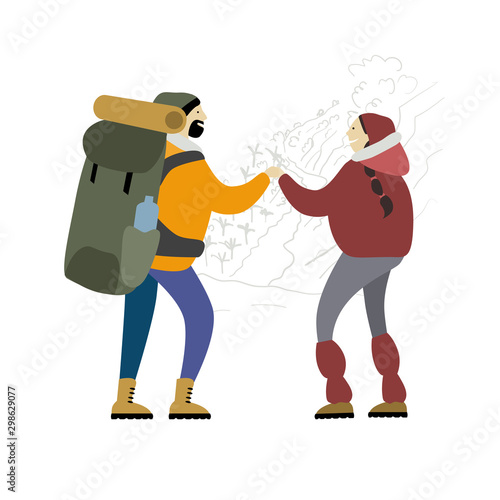 Couple of Hikers with backpacks takes selfie in mountains
