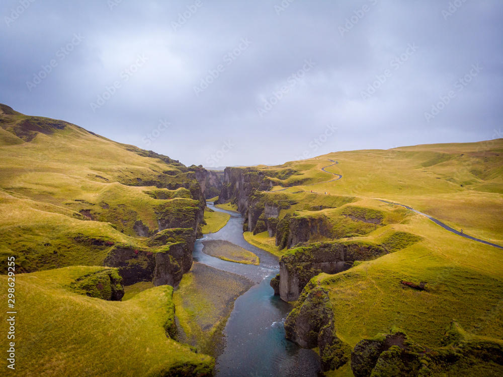 Unique landscape of Fjadrargljufur in Iceland. Top tourism destination. Fjadrargljufur Canyon is a massive canyon about 100 meters deep and about 2 kilometers long, located in South East of Iceland..