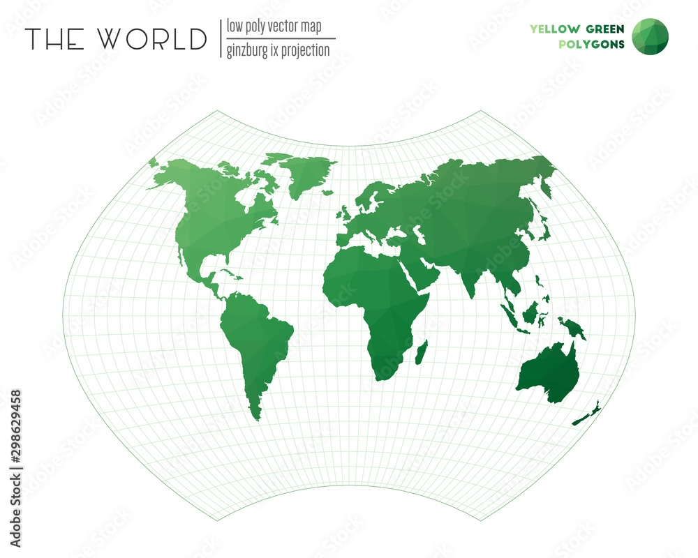 Abstract world map. Ginzburg IX projection of the world. Yellow Green colored polygons. Modern vector illustration.