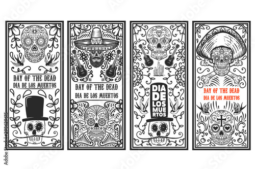 Set of Day of the dead (Dia de los muertos) flyer templates. Design element for poster, card, banner. Vector illustration