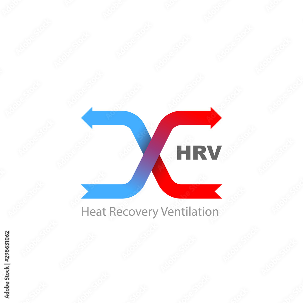Blue and red crossing arrow showing air flow. HRV. Heat recovery illustration. Blue and red crossing arrow showing air flow. HRV. Heat recovery illustration.