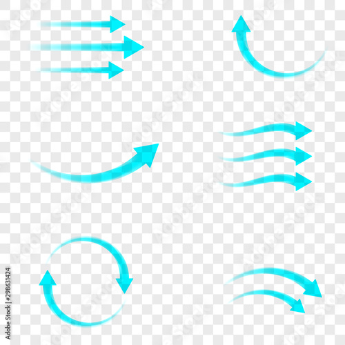Set of blue arrow showing air flow isolated on transparent background. Vector design element.