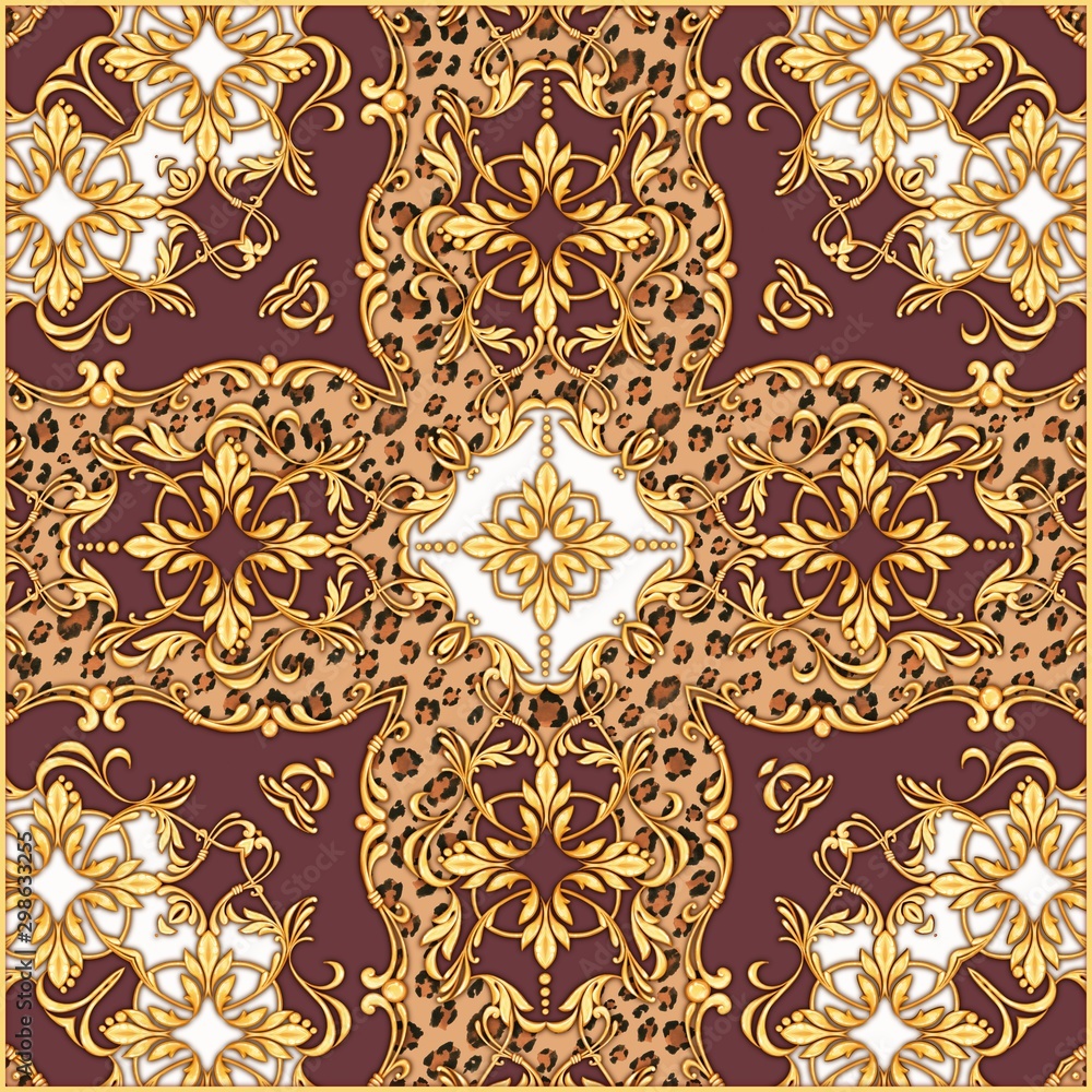 Square composition with golden scrolls and leopard print