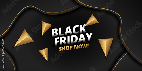 Black friday lettering, gold triangle around on black background. Can be used as poster or template design.