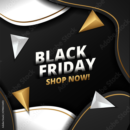 Black friday lettering, gold triangle around on black background. Can be used as poster or template design.
