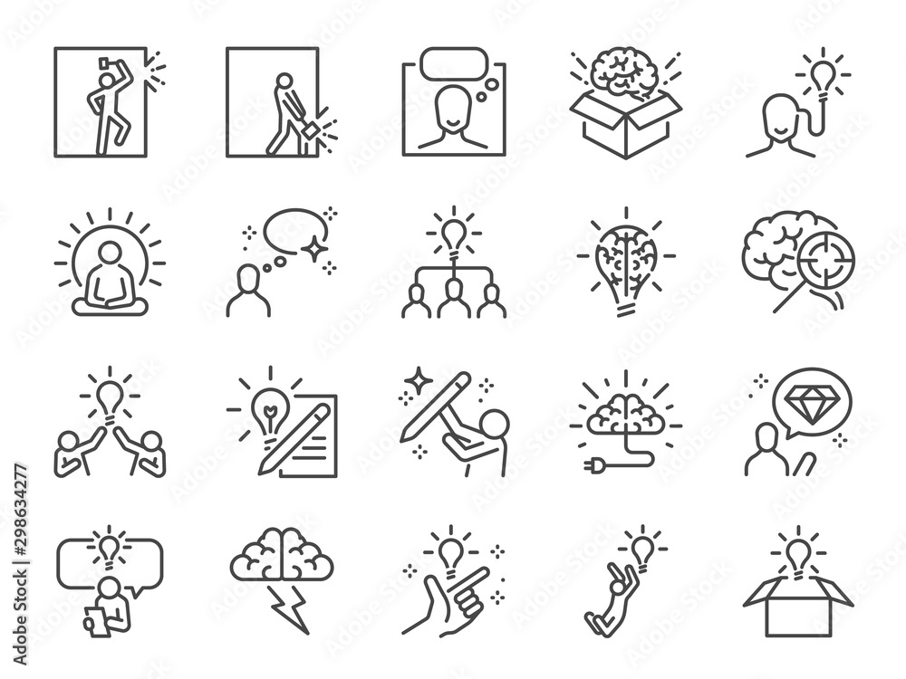 Idea line icon set. Included icons as thinking, creative, ideation, brain, light bulb, think out of the box and more.
