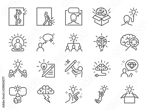 Idea line icon set. Included icons as thinking, creative, ideation, brain, light bulb, think out of the box and more.