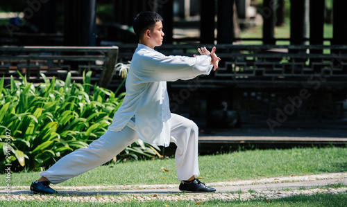 Photography Tai Chi master workout in the park.