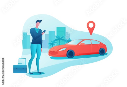 Man rent car by smartphone, automobile share, businessman order ride, rental service template, mobile app concept, transport sharing concept, flat vector design, turquoise, red color