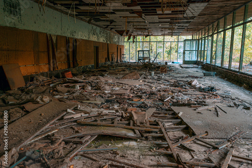 interior of an abandoned grocery store in the city of Pripyat in the Chernobyl exclusion zone. Everything was looted after the Chernobyl disaster