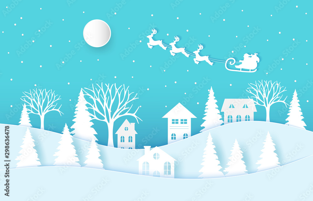 Naklejka premium Winter landscape with houses and trees.Santa Claus on the sky in winter season.Merry Christmas and Happy New Year. paper art design.Vector EPS 10.