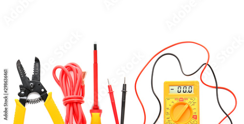 Set of electrician's supplies on white background