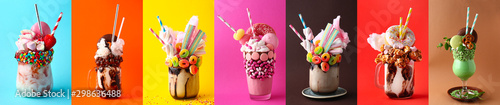 Fotografia Different delicious freak shakes on colorful background