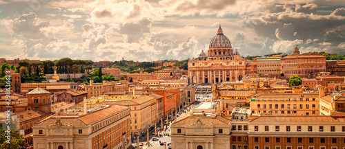 Panoramic view of Rome with St Peter's Basilica (Italian: San Pietro) in Vatican City, Italy. Skyline of Rome. Architecture and landmark Rome and Italy.