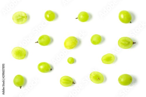 Top view of green grapes isolated on white background.