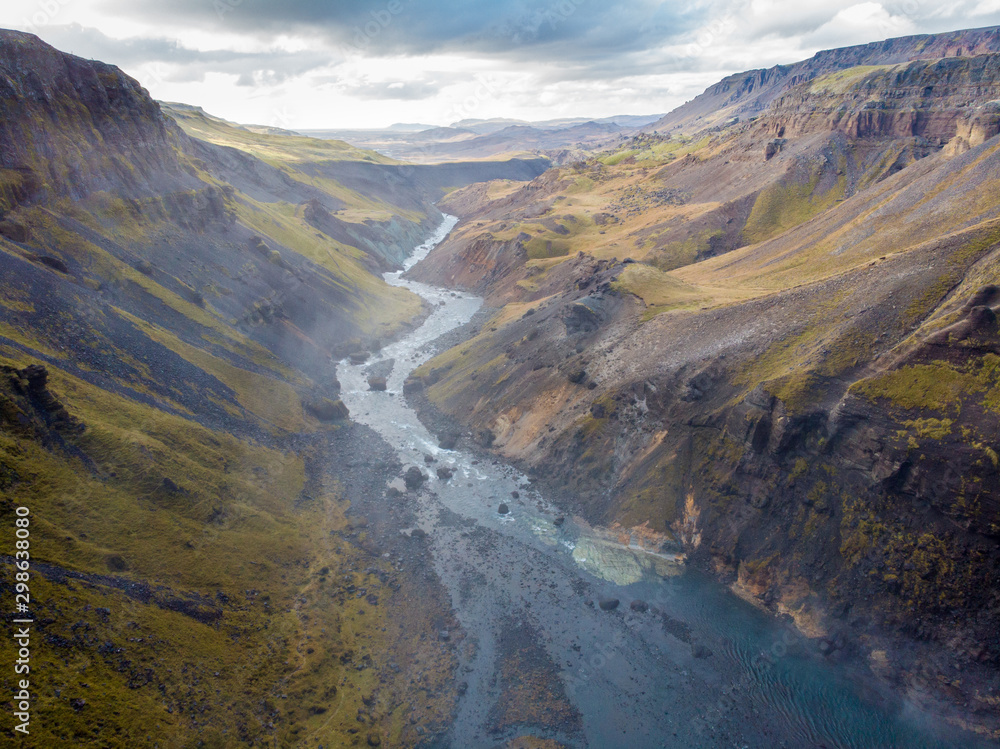 Panorama of the landscape of the Haifoss waterfall in Iceland. Nature and adventure concept background..
