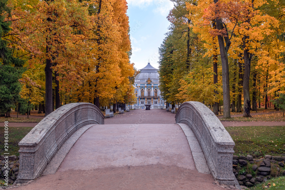 Golden autumn in Catherine Park, Pushkin, St. Petersburg, Russia. Pavilion Hermitage.