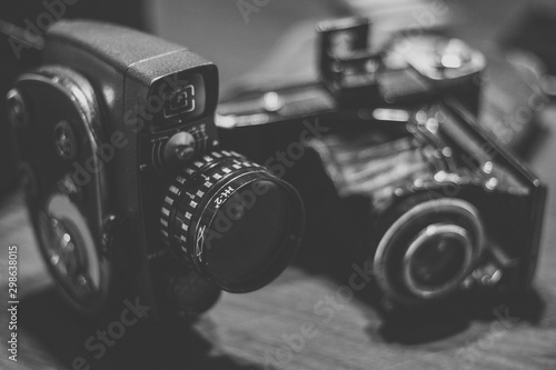 Old vintage film video camera and photography camera black and white from the forties photo