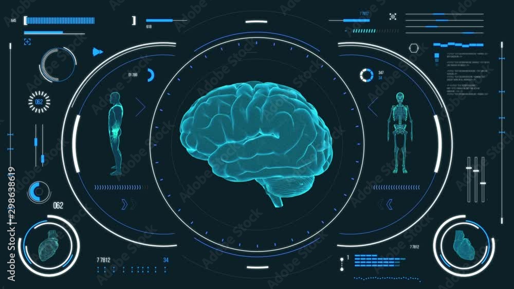 Human brain scan. Futuristic medical user interface with HUD and ...