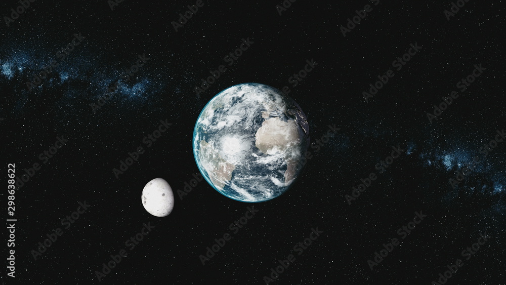 Rotate Earth Moon Orbit Star Milky Way Background. Twilight Nebula Galaxy Spin Planet Celestial Universe Map. Satellite Space Travel Concept 3D Animation