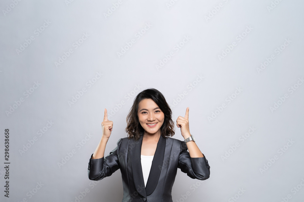 Happy woman present the copy space isolated over white background Happy woman present the copy space isolated over white background