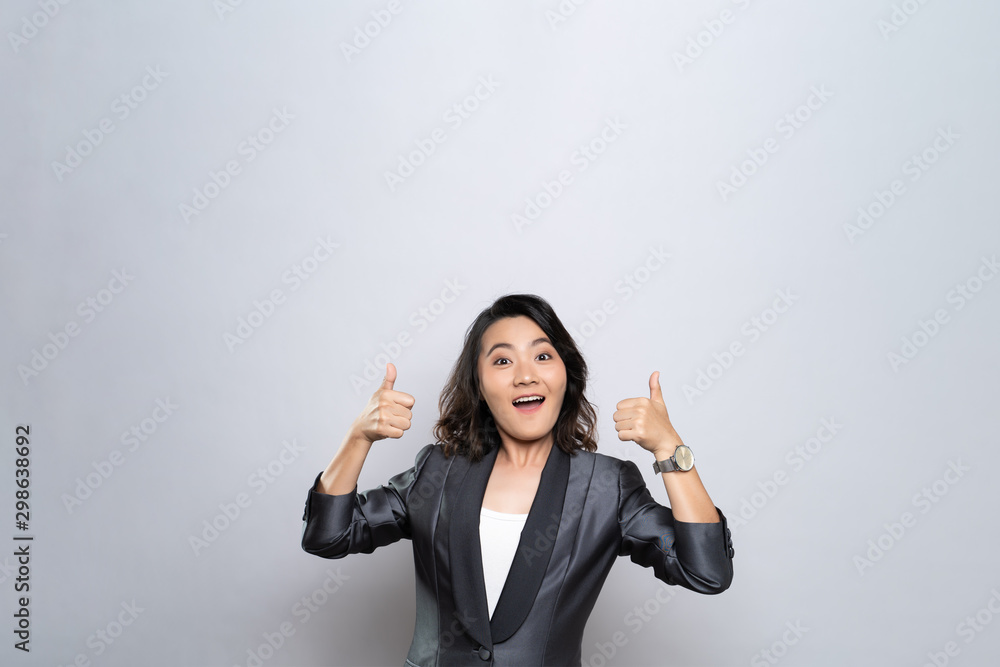 Happy woman present the copy space isolated over white background Happy woman present the copy space isolated over white background