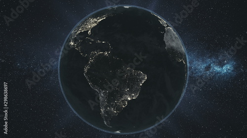 Earth Night Orbit Rotate Planet Star Background. Epic Space Globe Surface Constellation Cosmos Navigation Travel Universe Exploration Concept 3D Animation