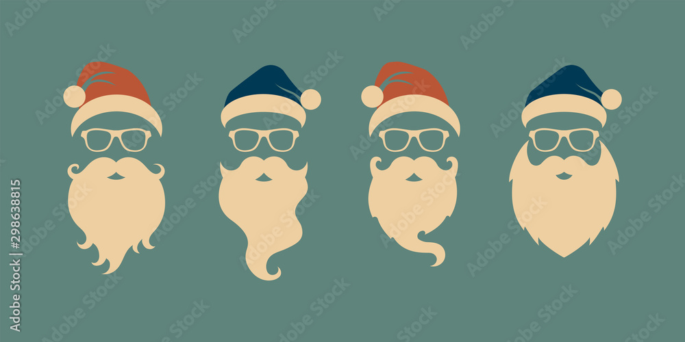 Naklejka Vector set of faces with Santa hats, mustache and beards. Christmas Santa design elements. Holiday icons