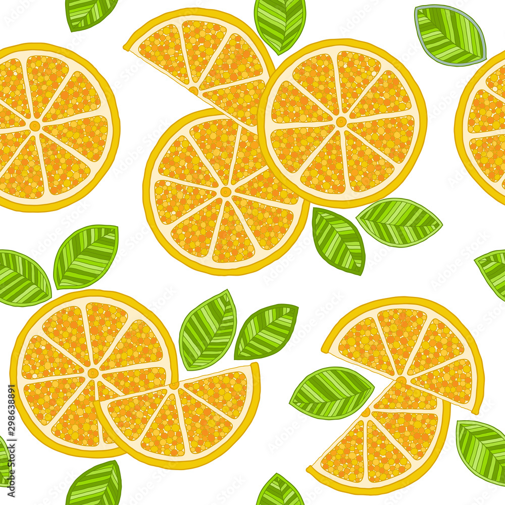 Obraz premium Oranges slices seamless pattern. Hand drawn fresh tropical citrus fruit.