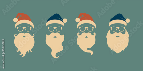Vector set of faces with Santa hats, mustache and beards. Christmas Santa des...