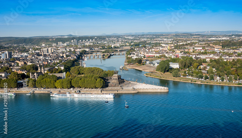 Deutsches Eck, German Corner, the confluence of the Rhine and Moselle rivers with the equestrian statue of Kaiser Wilhelm in Koblenz, Rhineland-Palatinate, Germany, Europe