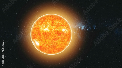 Sun Lit Earth Fast Motion Reduce Sight Zoom Out. Flare Sunlight Planet Starry Galaxy Deep Outer Space Navigation. Universe Exploration Concept 3D Animation © Goinyk