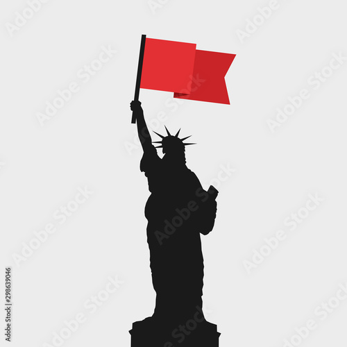 Statue of Liberty with red flag - Communist and socialist revolution in United States of America (USA). Leftist politics in USA. Vector illustration. photo