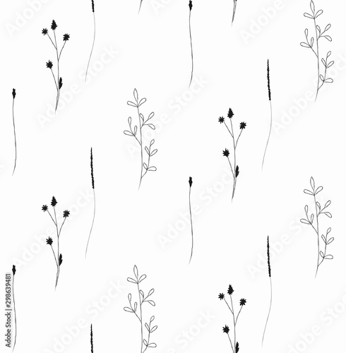 Vector Hand Drawn Doodle Floral Seamless Pattern with Wildflowers, Plants, Branches, Laurels. Design Elements Illustration. Branding. Swatch