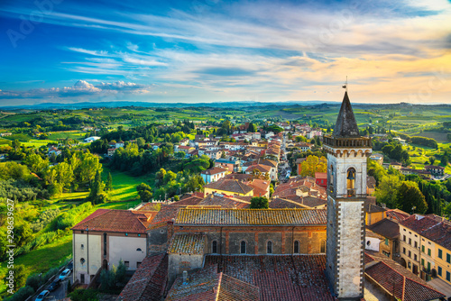 Vinci, Leonardo birthplace, view and bell tower of the church. Florence, Tuscany Italy photo