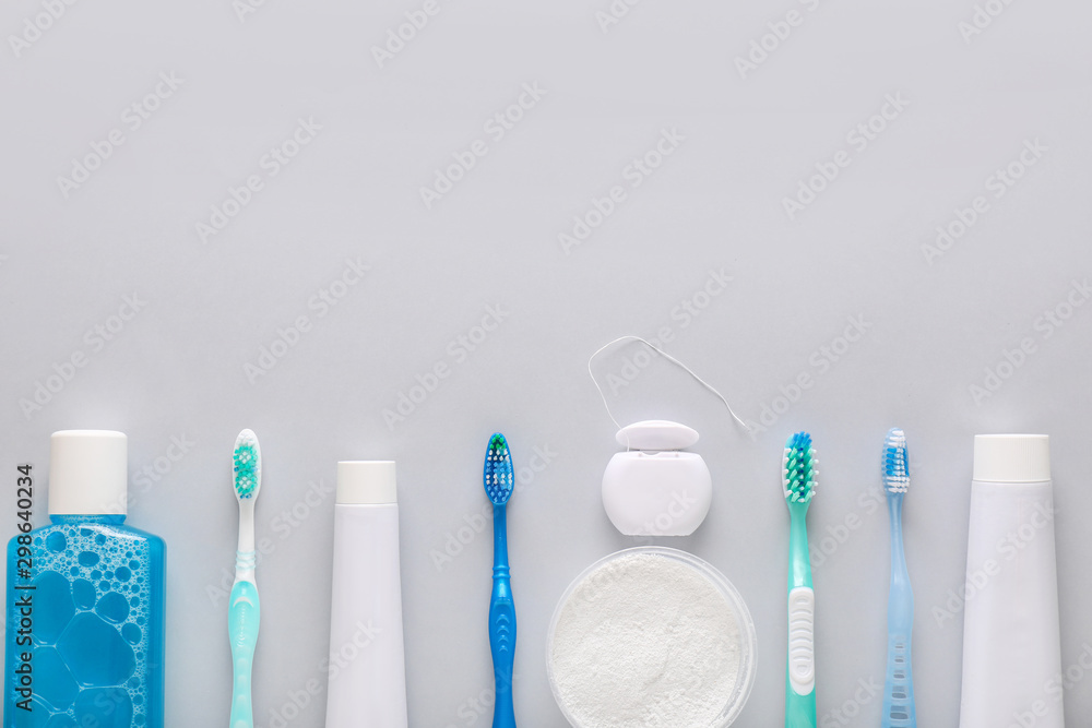 Set for dental hygiene on light background Set for dental hygiene on light background