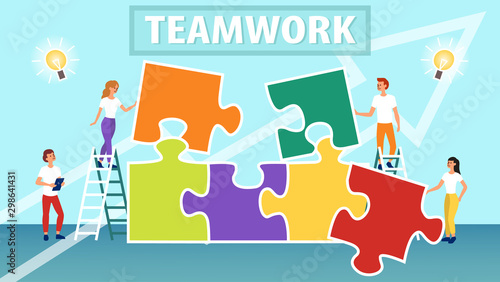 Business Teamwork template. The team is Connecting Puzzle Pieces. Creative Solutions, Collaboration and Partnership.
