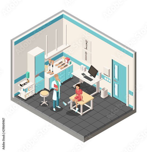 Isometric orthopedics design concept with doctor in workplace. The doctor is examining patient and sets the prosthesis.