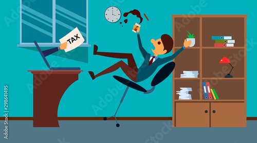 Scared businessman is falling down from armchair because of hand from inside of his computer with tax bill. Flat Style.