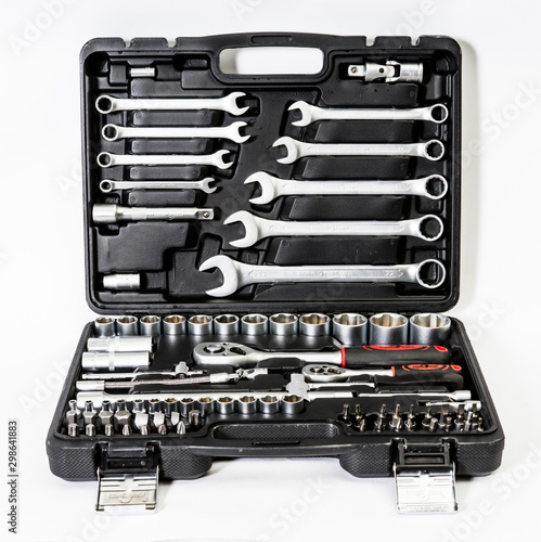 Sharp realistic photo of tool kit isolated on whote background