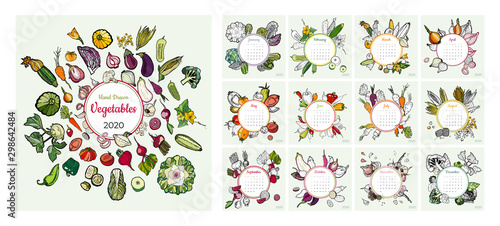 2020 calendar vegetable groceries art vector set. Desk, screen, colorful 2020 calendar template. Organic fresh food hand drawn line illustration. Sketched calendar, day planner. Set 12 month pages.