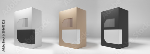 Rectangular white cardboard box with a window and label. 3D render