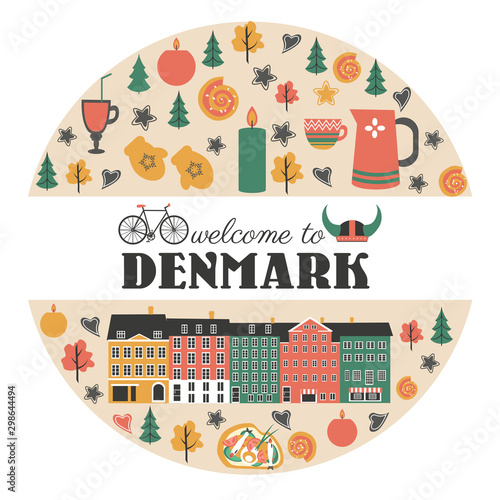 Danish symbols set in round frame with traditional food, travel icons vector illustration isolated, Nordic country landmark Copenhagen City Hall, candles, food, sweet, tableware, clothing for design