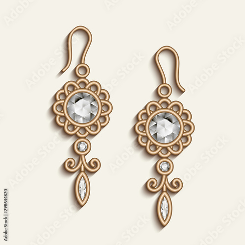 Vintage gold jewellery earrings with diamond gemstones, elegant jewelry pendants, filigree women's decoration on white