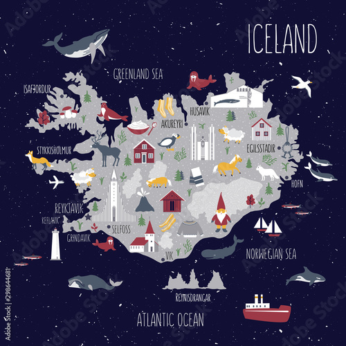 Cartoon map of Iceland, Nordic country geographic wallpaper, Icelandic landmarks, animals, food national symbols, vector cute illustration decorative poster, flat style for travel design and kids